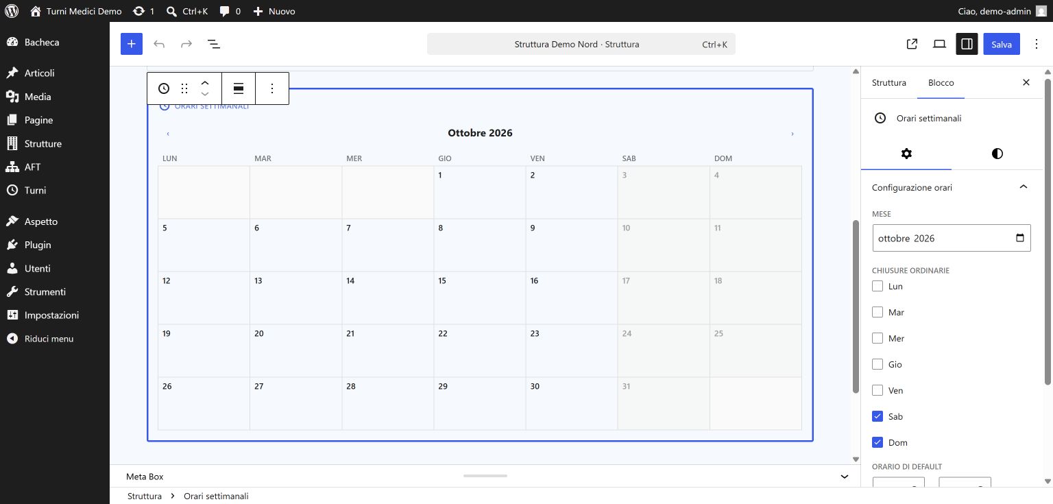 Editor WordPress della struttura con il blocco Orari settimanali realizzato con Define Blocks.